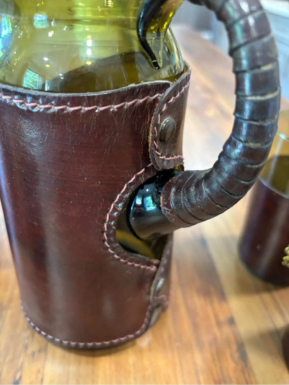 Vintage Italian Leather Wrapped Green Glass Pitcher & 5 Cocktail Glasses Set
